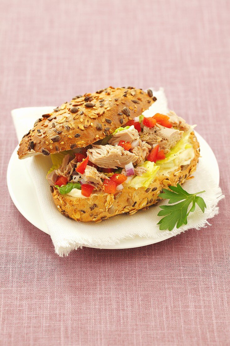 Thunfisch-Sandwich mit Blattsalat und Paprika