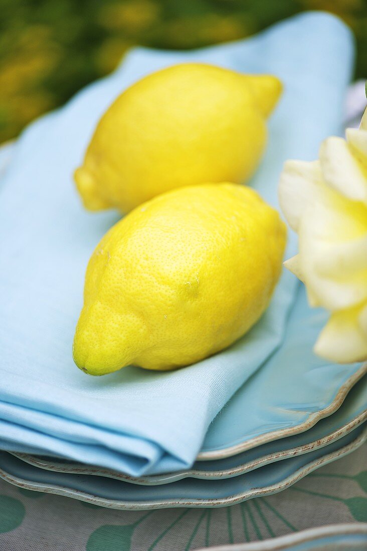 Zwei Zitronen auf blauem Tuch