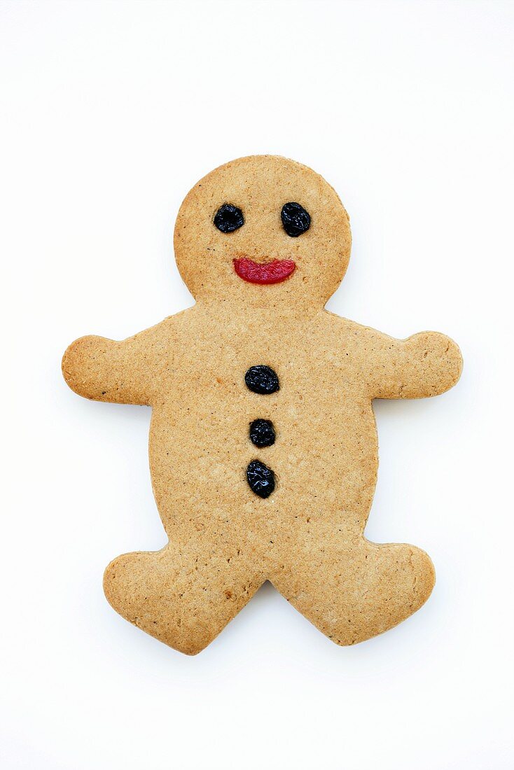 A gingerbread man decorated with raisins