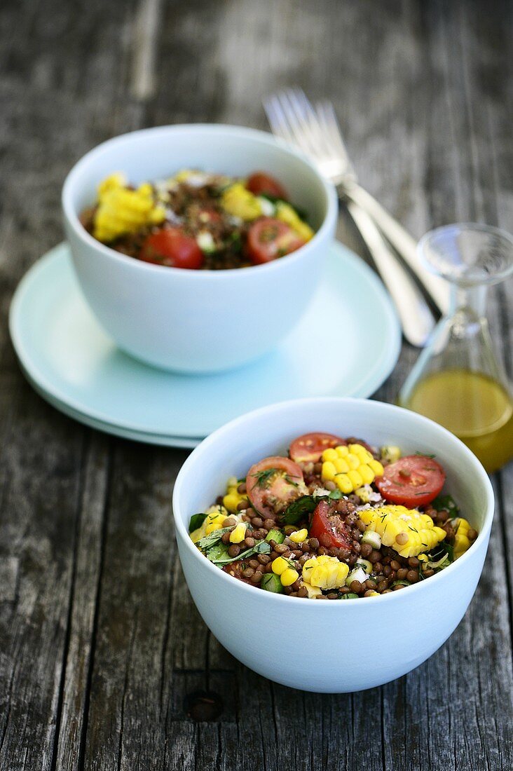 Lentil salad with sweetcorn and cherry tomatoes