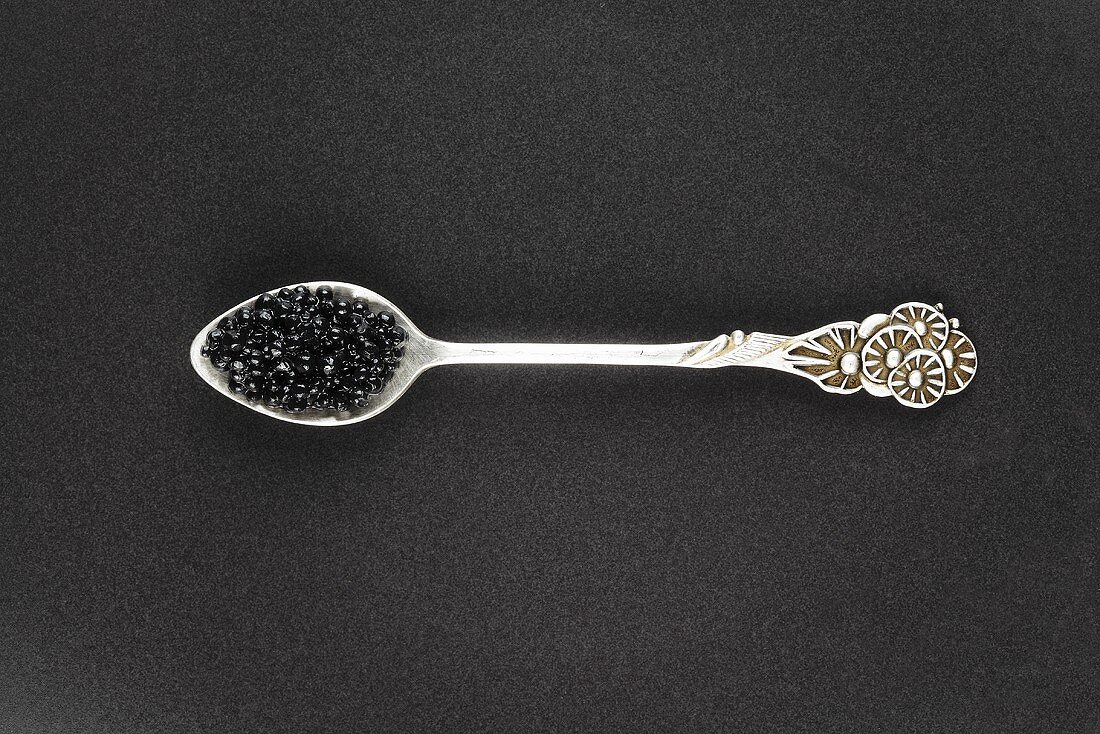 Black caviar on a spoon, see from above