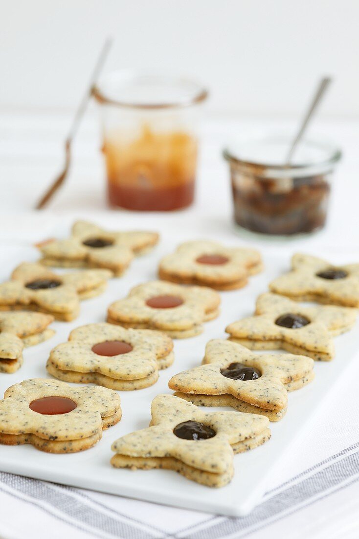 Rows of jam biscuits