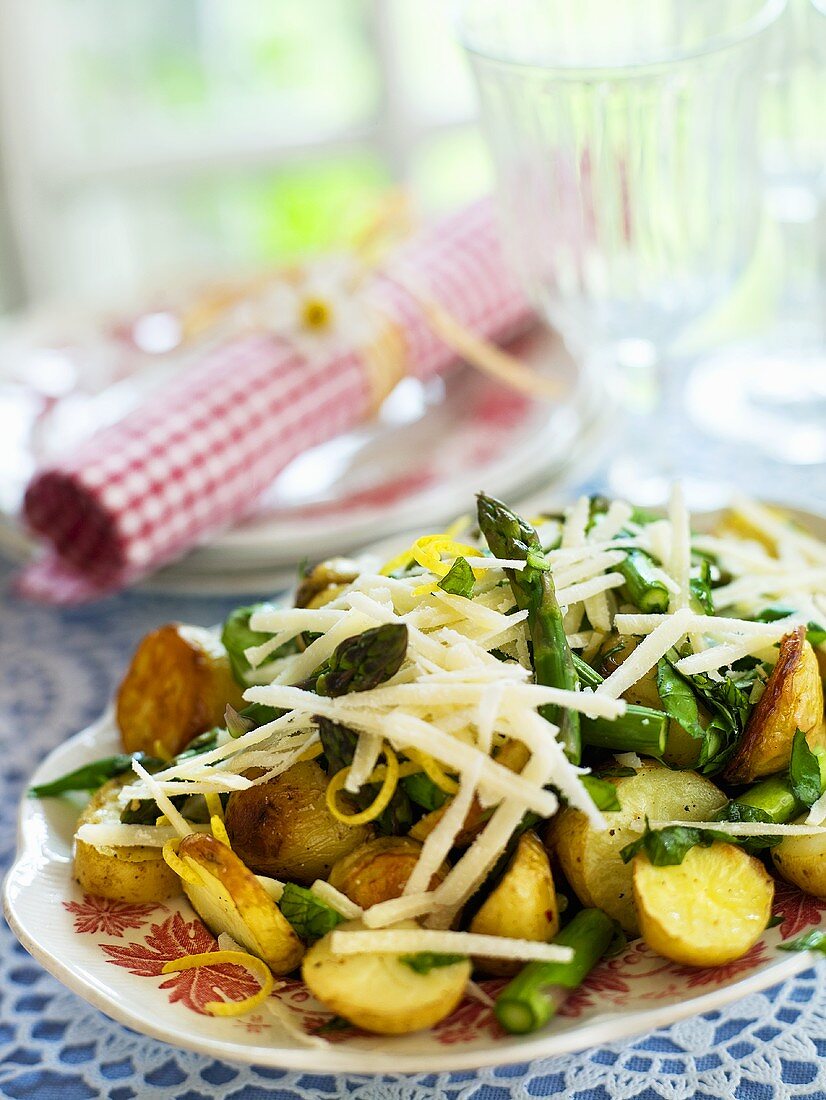 Fried potato and asparagus salad with Parmesan and lemon zest