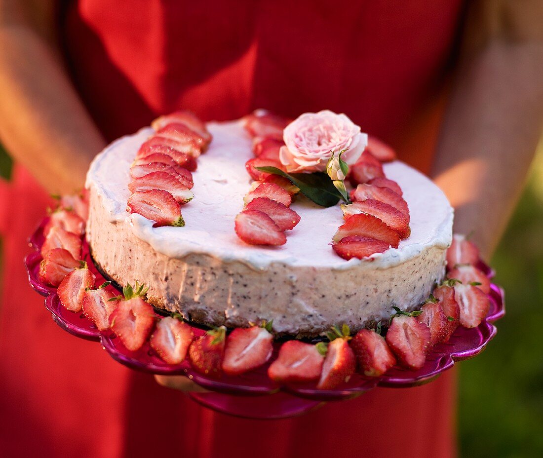 Kalte Erdbeertorte mit weißer Schokolade