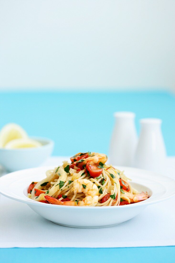 Bowl of Pasta with Shrimp on a Napkin