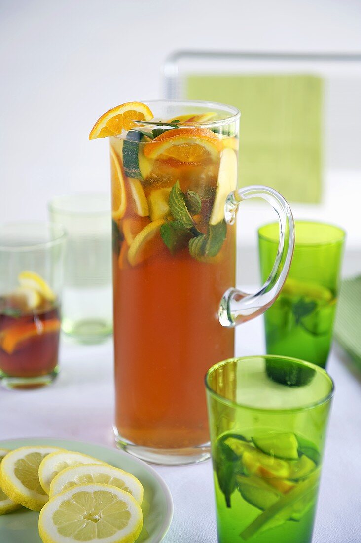 Pimms with lemons, oranges and mint