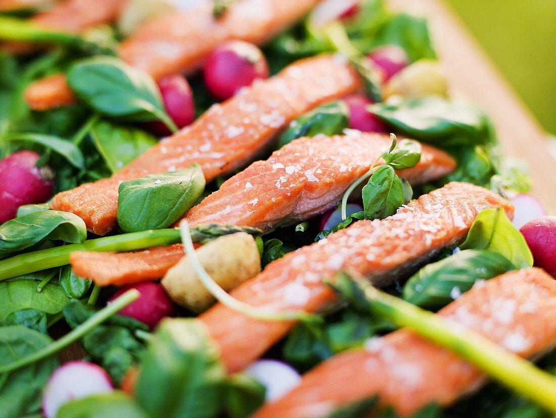 Oven baked rainbow trout with vanilla dressing on raw vegetables
