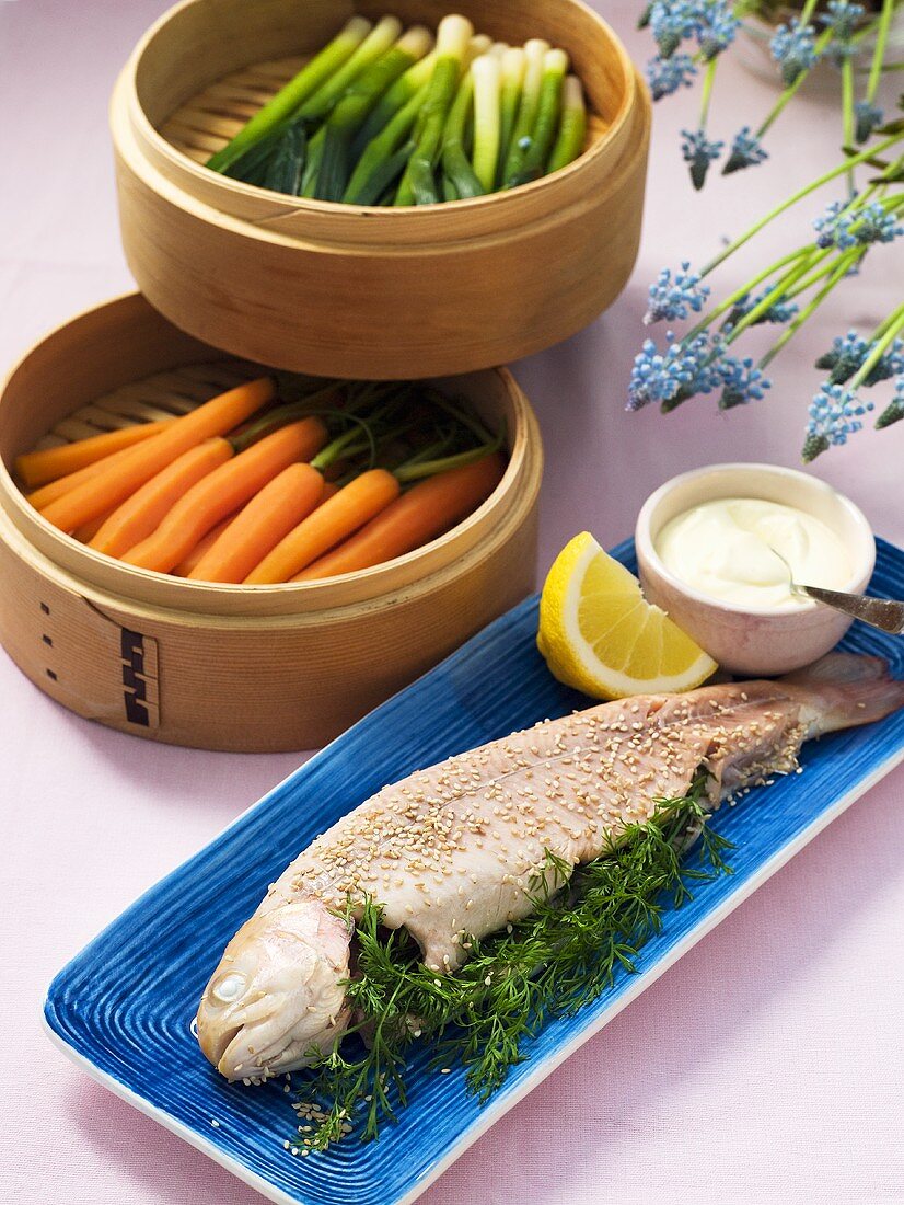 Salmon trout with steamed spring vegetables