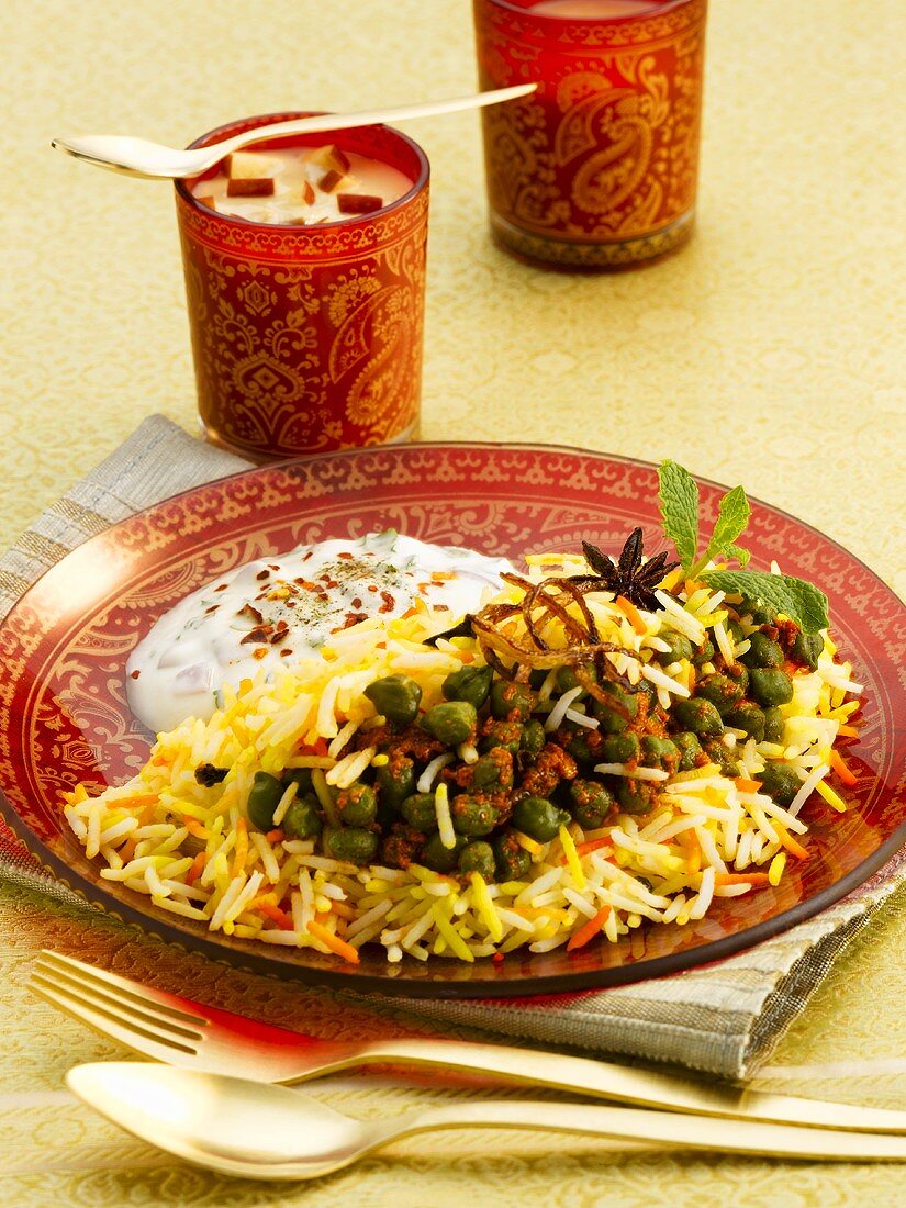 Indian rice dish with yogurt sauce