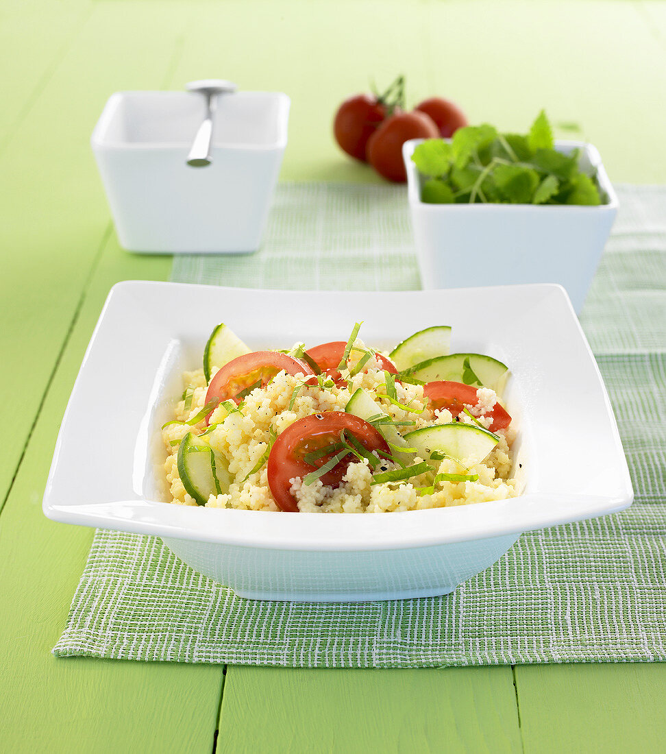 Couscous salad with cucumber, tomato and mint