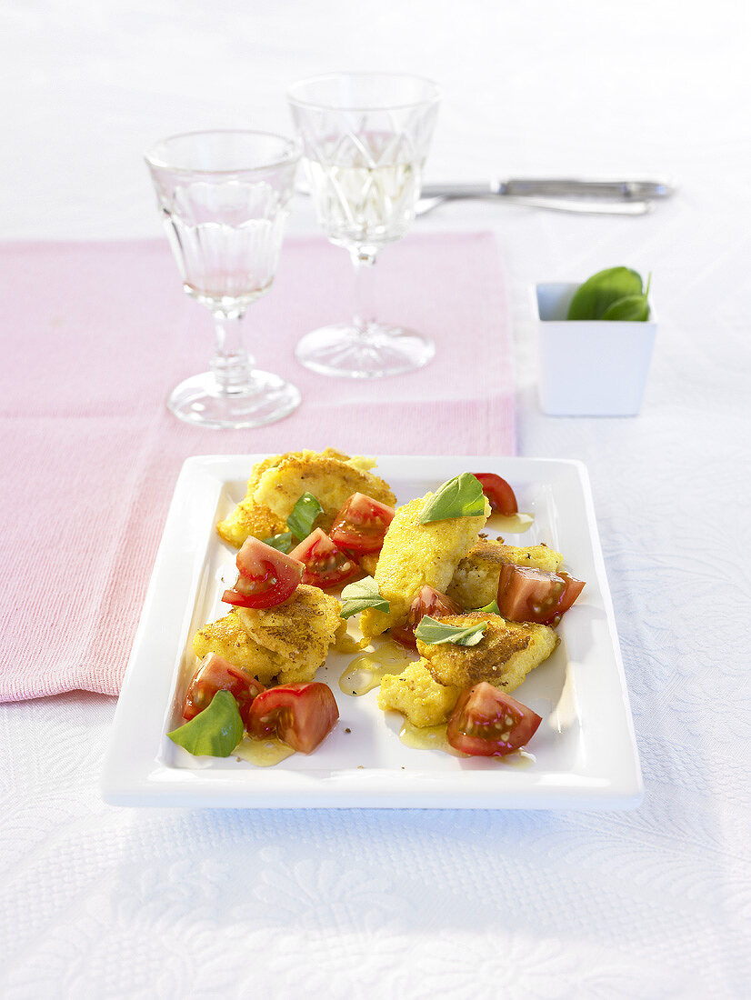 Gebratene Polenta mit Tomaten und Basilikum auf einer Platte