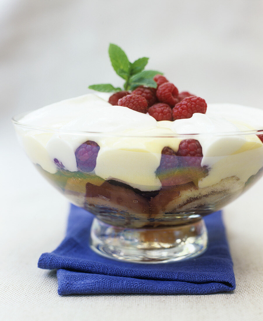 Raspberry trifle in a glass bowl
