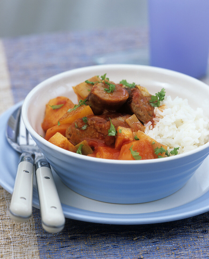 Fried sausage slices with root vegetables and rice