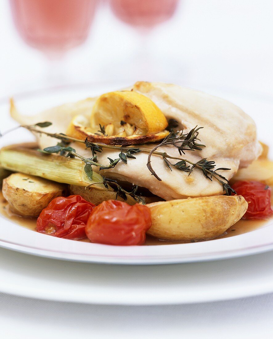Chicken breast with thyme and lemon on braised vegetables