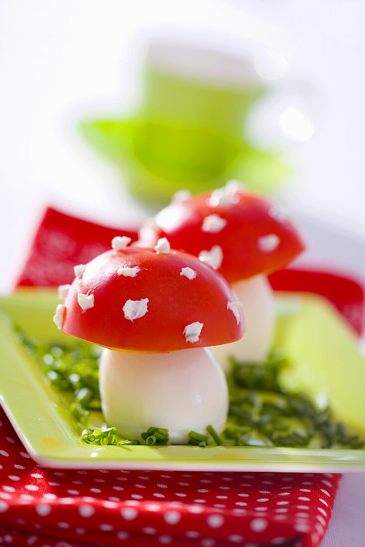 Fly agaric mushrooms made from boiled eggs and tomatoes