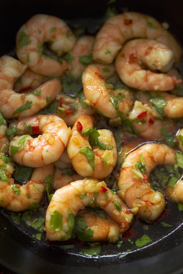 Marinated prawns with chilli and coriander leaves