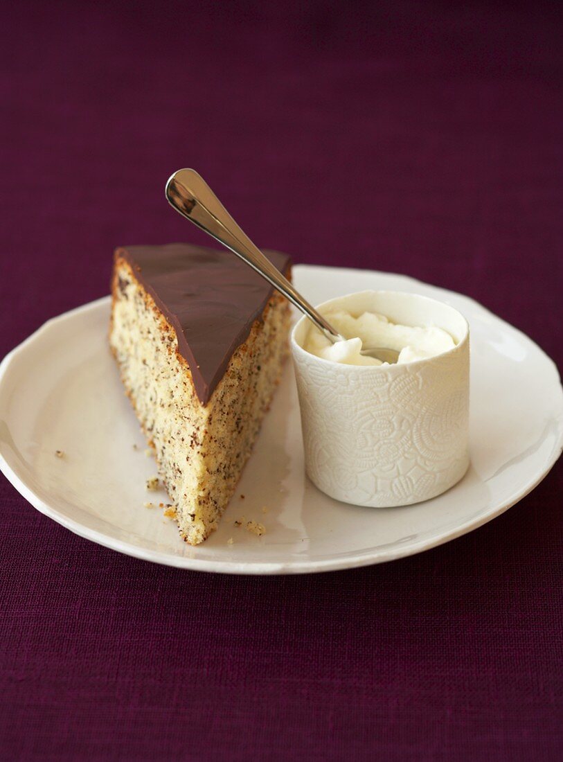 Ein Stück Schokoladen-Vanilletorte mit Schlagsahne