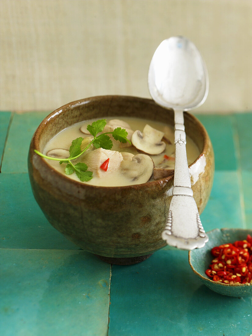 Chicken and coconut soup with coriander leaves and chilli
