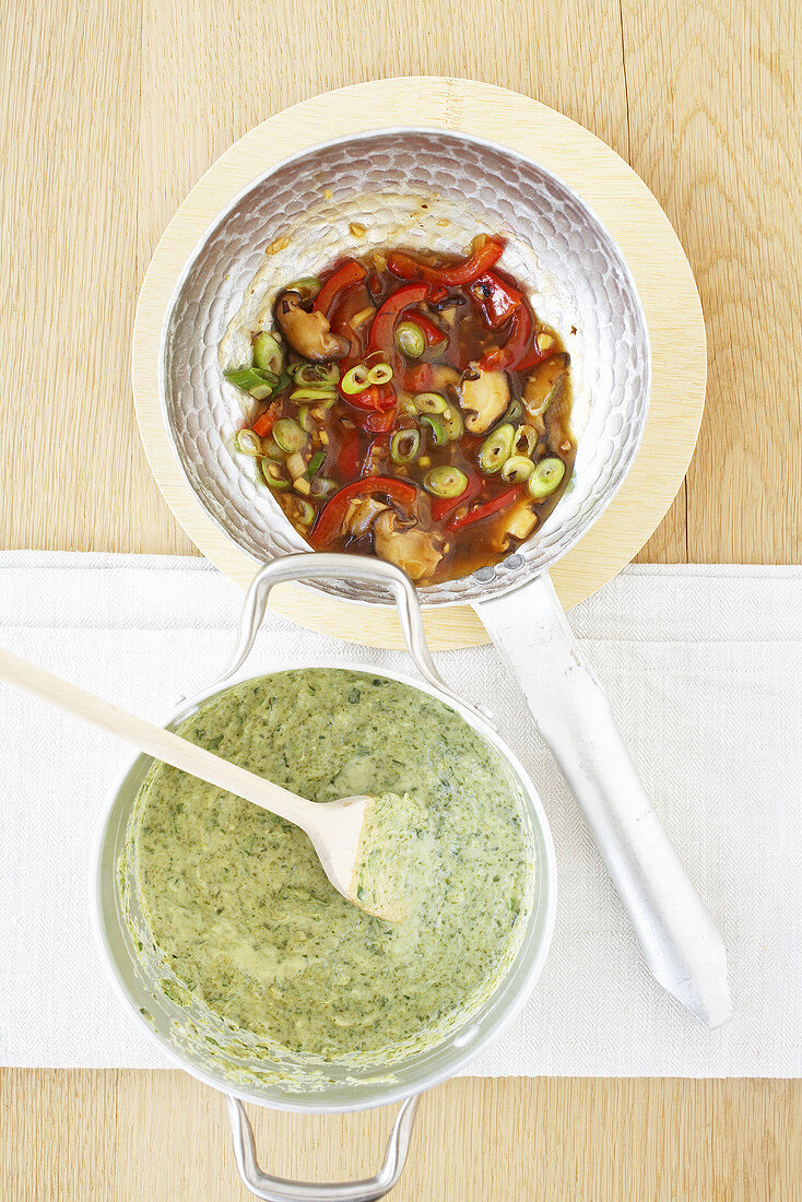 Courgette and leek sauce and Chinese mushroom sauce