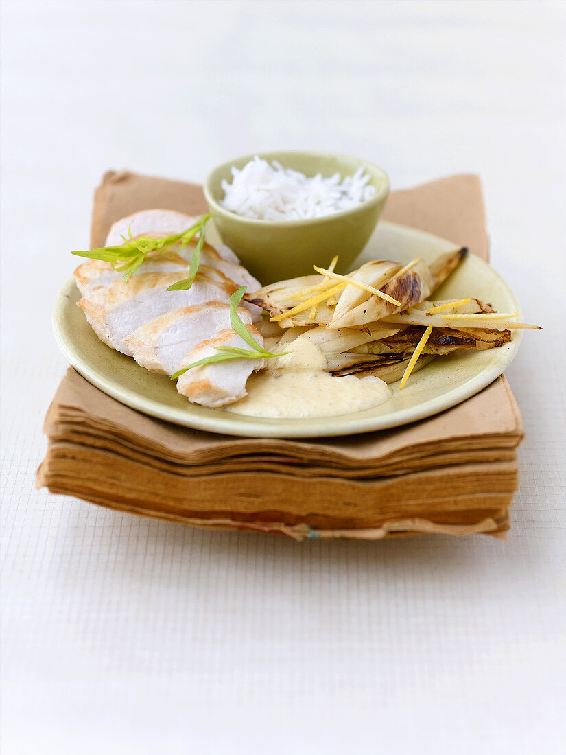 Tarragon-vanilla chicken with fennel and rice