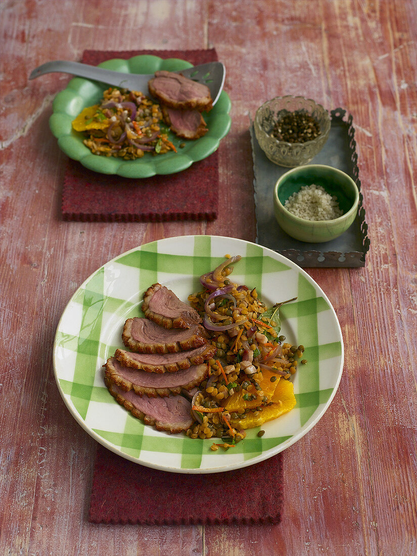 Smoked duck breast on lentil salad