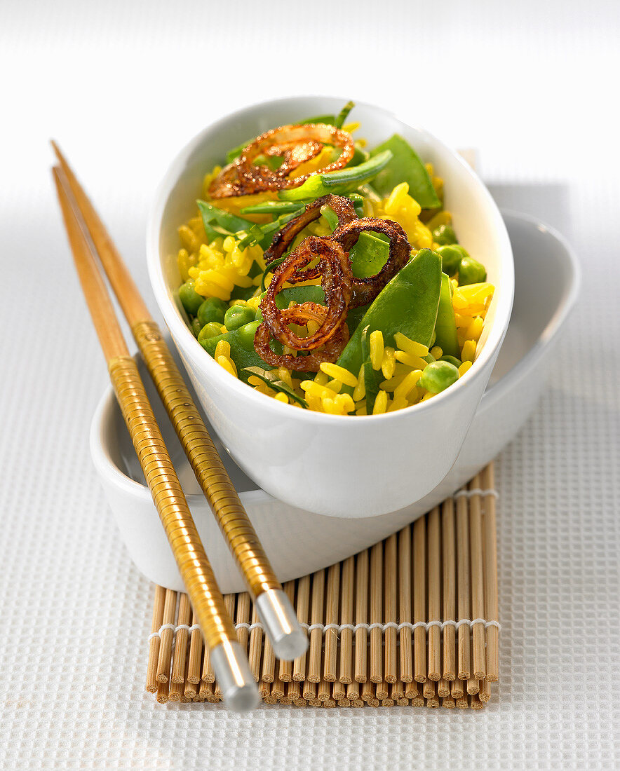 Saffron rice with peas and mangetout