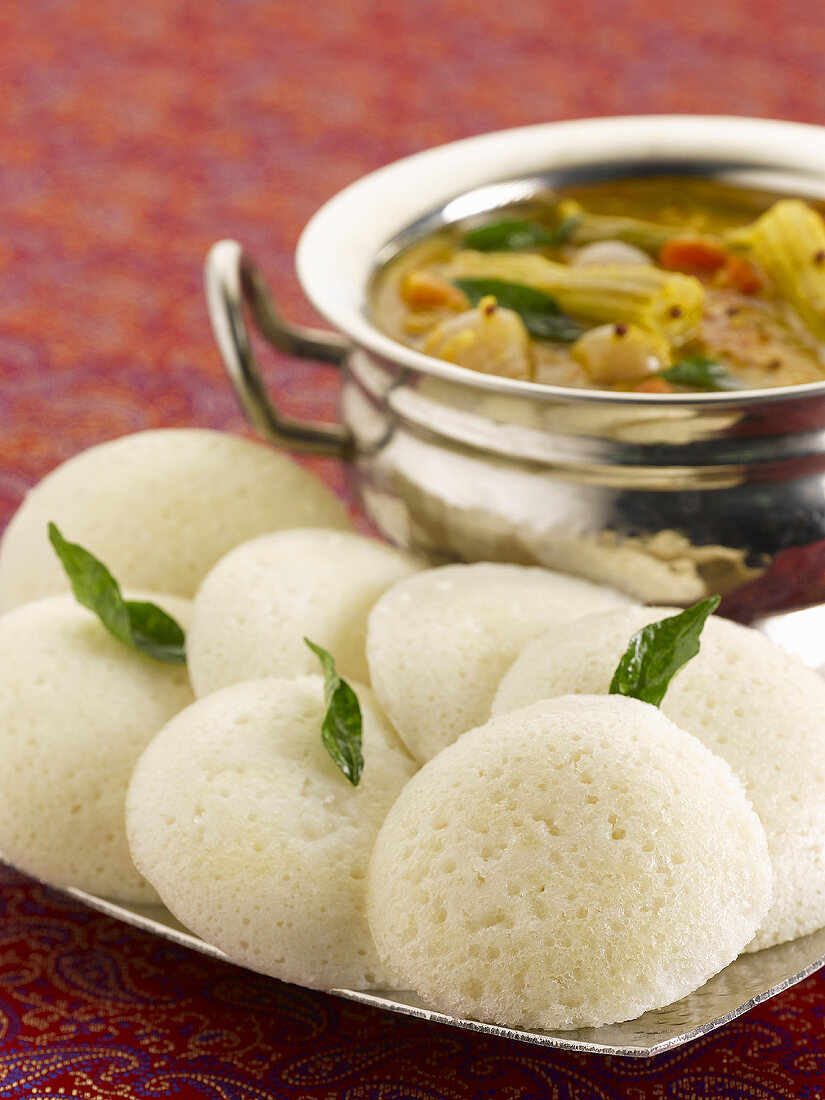 Idli sambar (Steamed rice cakes, India)