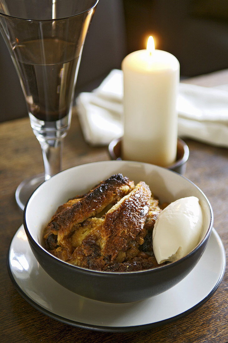 Raisin bread & butter pudding with caramel, vanilla ice cream