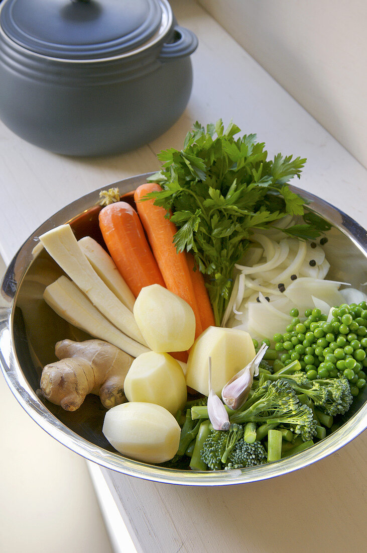 Vegetables and herbs for chicken soup