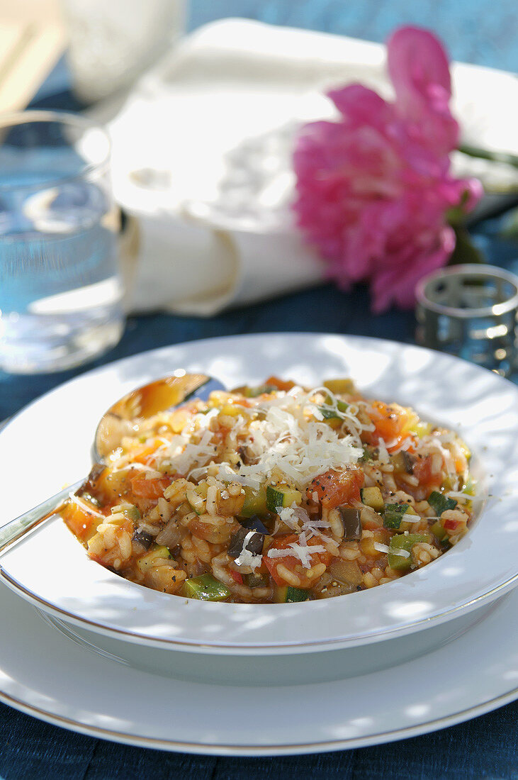 A plate of vegetable risotto out of doors