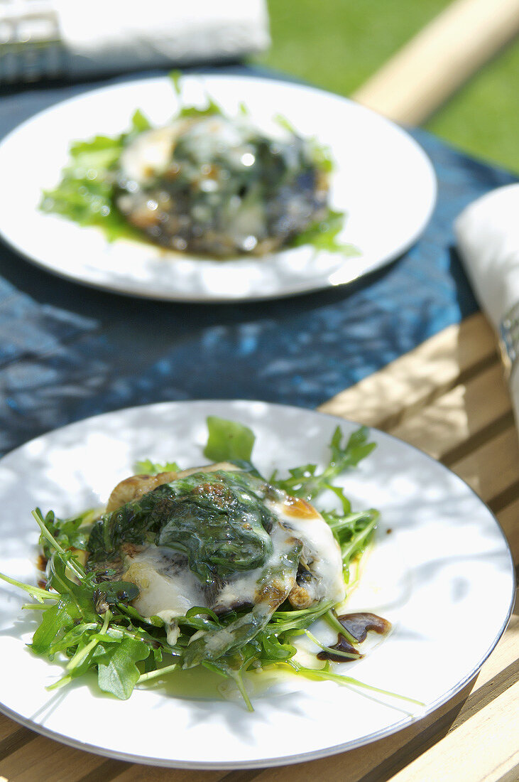 Mit Spinat, Taleggio überbackene Portobello-Pilze im Freien