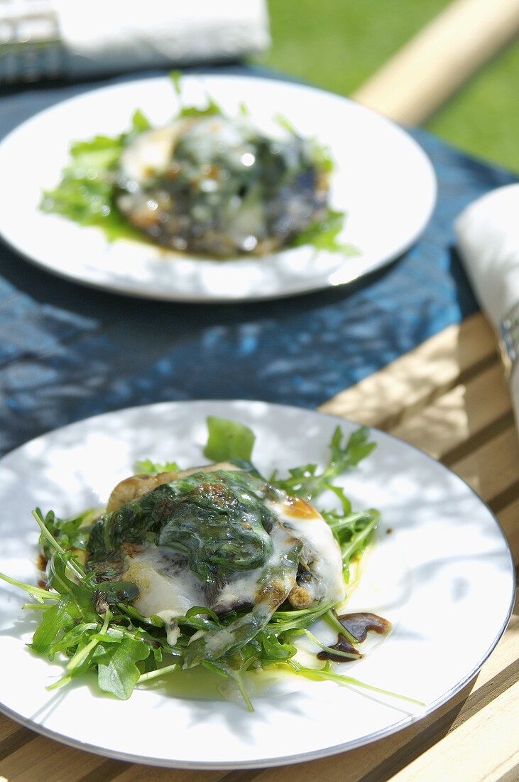 Portobello mushrooms with spinach & Taleggio topping out of doors