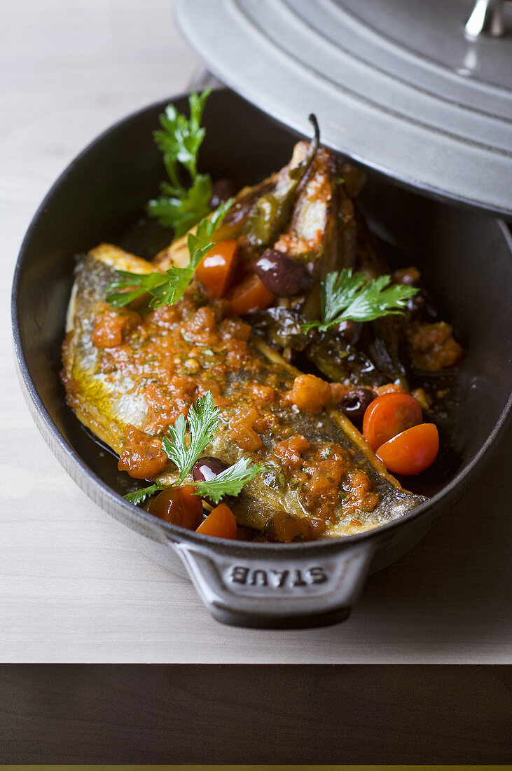 Braised sea bream with tomatoes & olive oil in cast-iron casserole
