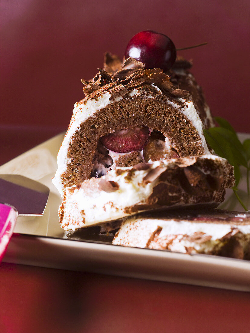 Black Forest roulade, partly sliced