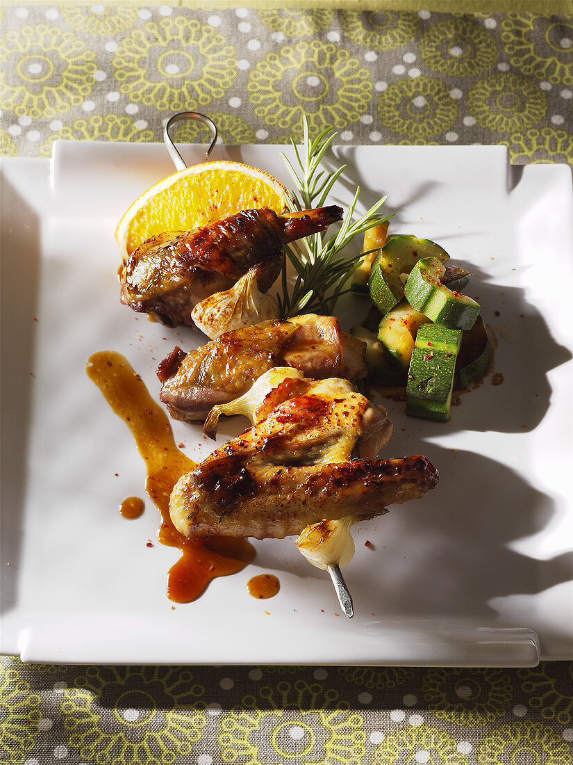 Grilled guinea fowl kebab with courgettes