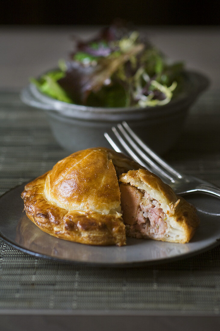 Goose liver pie with green salad