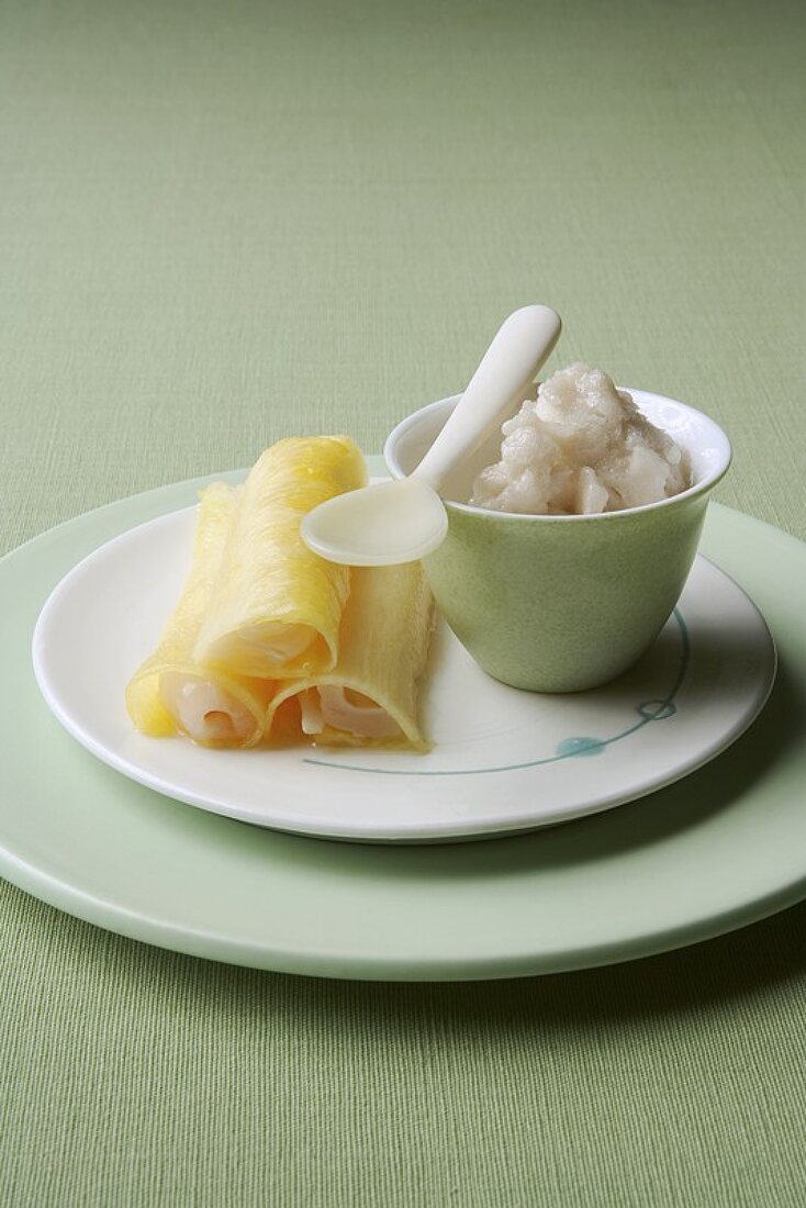 Pineapple rolls filled with lychees, banana granita