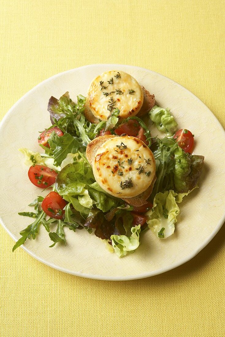 Toasted goat's cheese crostini on salad leaves