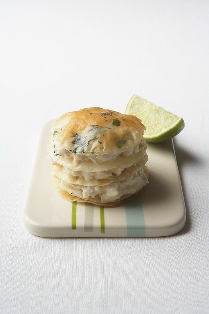 Haddock millefeuille with lime mayonnaise and herbs