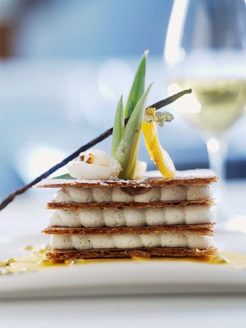 Millefeuille with vanilla cream and passion fruit