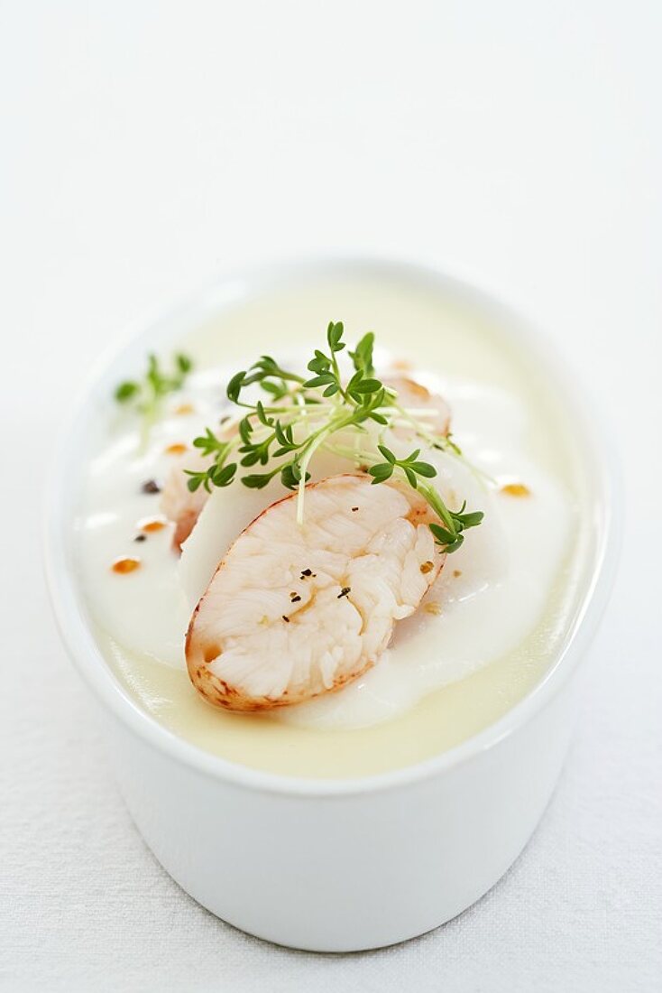 Chilled celery mousse with lobster and cress in a ramekin