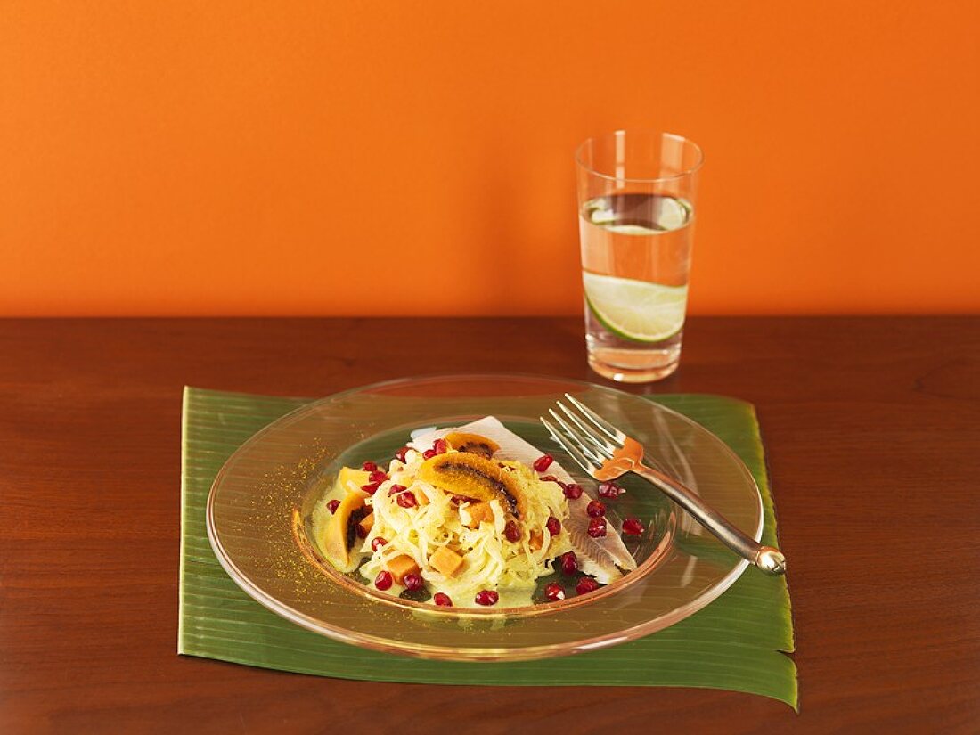 Sauerkraut salad with smoked trout and exotic fruit
