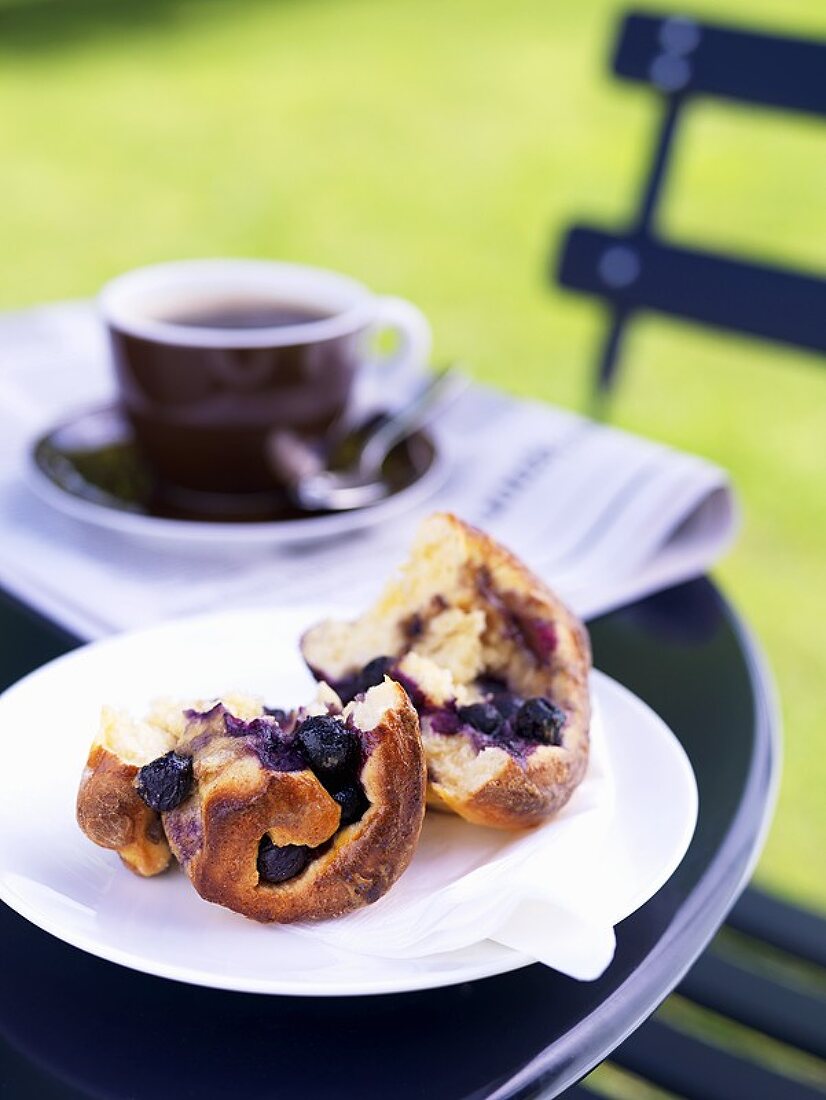 Blueberry brioche on a garden table out of doors