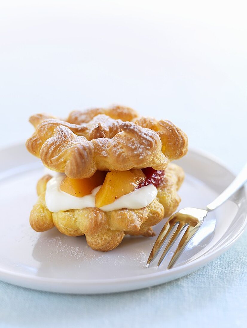 Choux pastry filled with whipped cream, peach & strawberries
