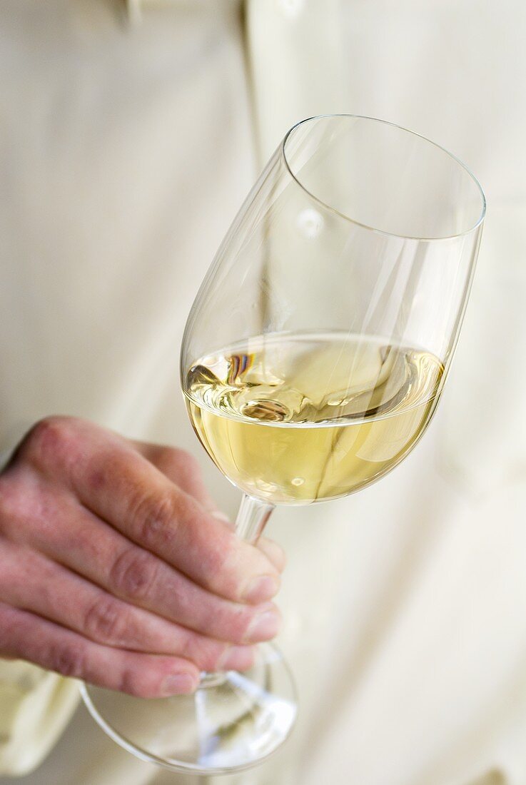 Mann hält ein Glas Weißwein in der Hand