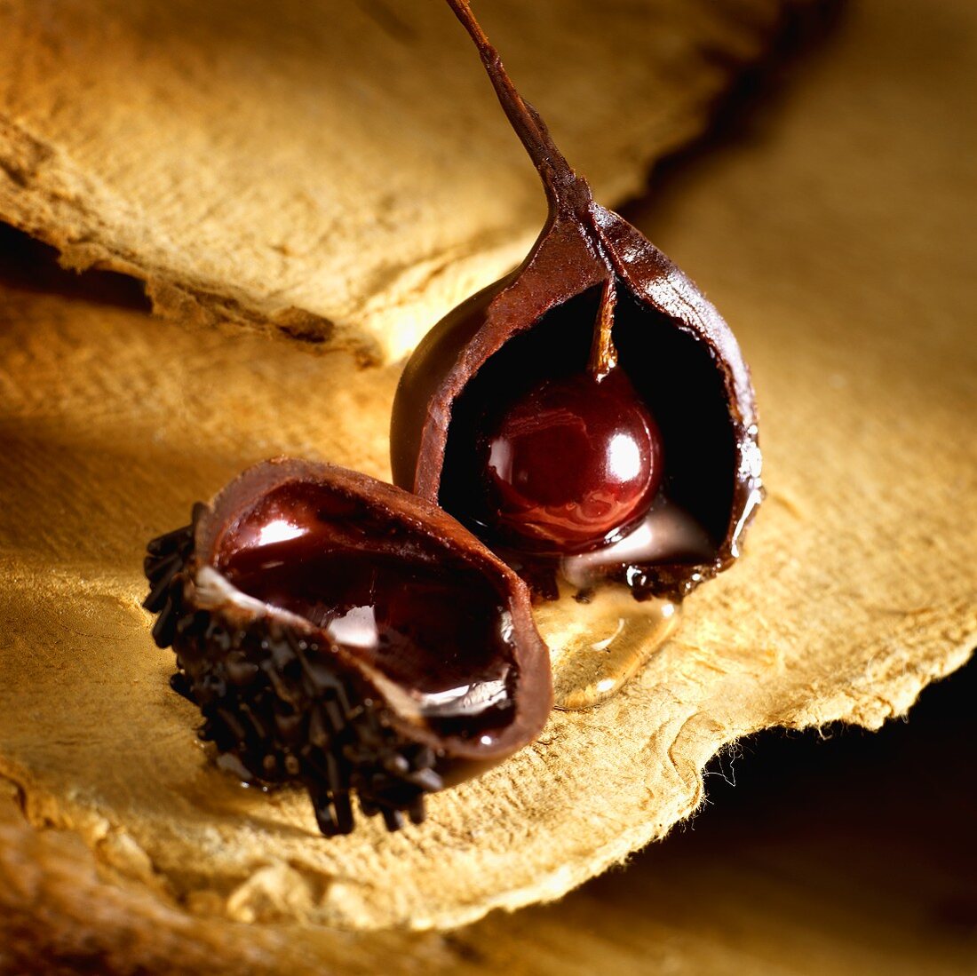 Halved chocolate, filled with cherry and cherry liqueur