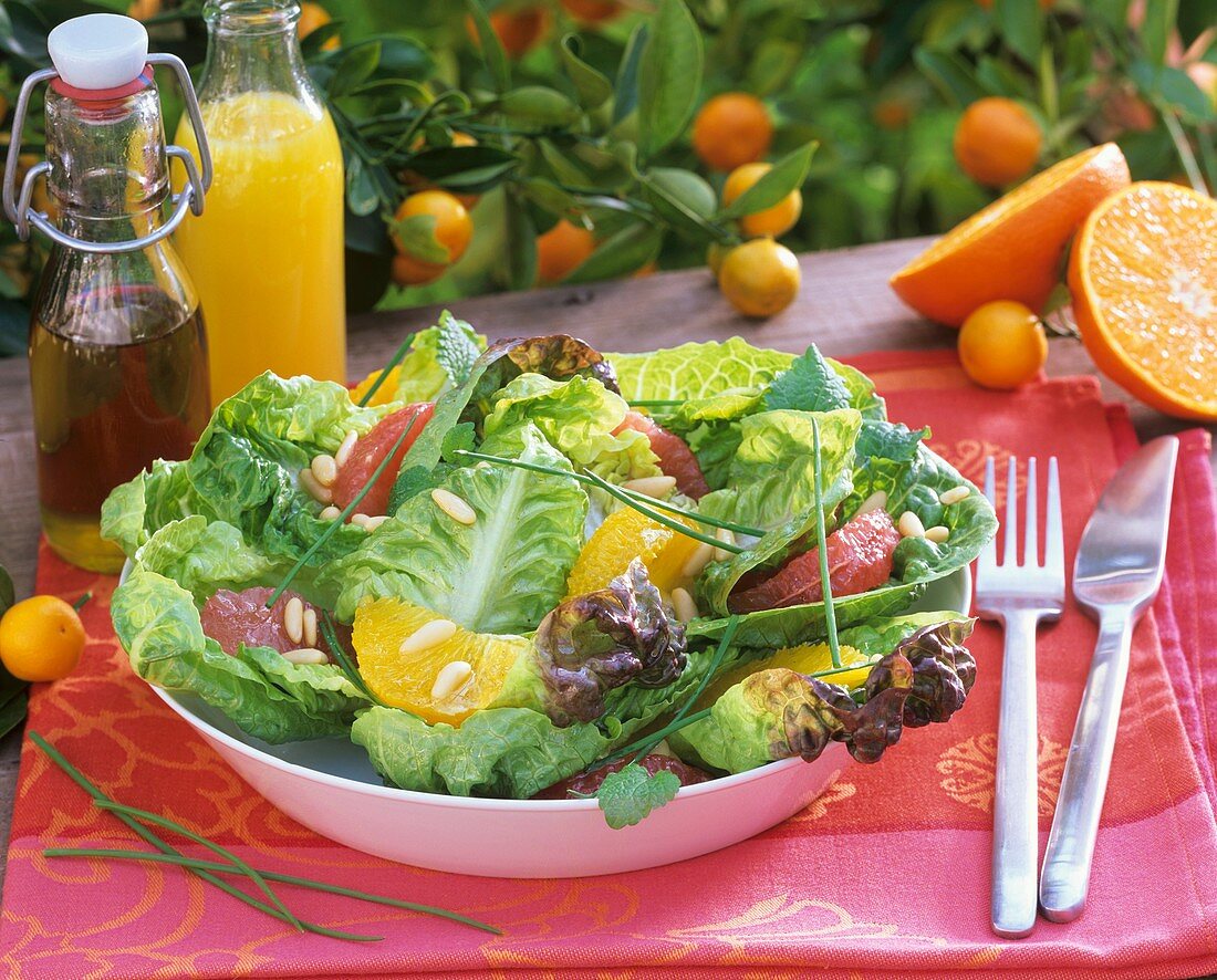 Mixed salad leaves with orange and grapefruit segments