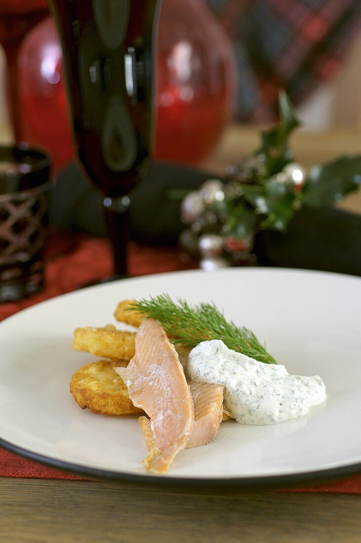 Smoked trout with herb quark and potato cakes