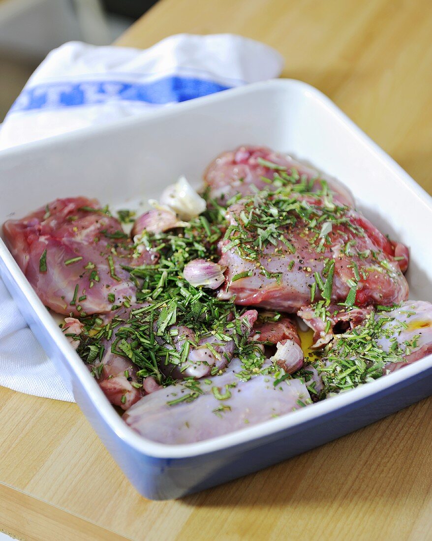 Jointed rabbit in herb and vinegar marinade