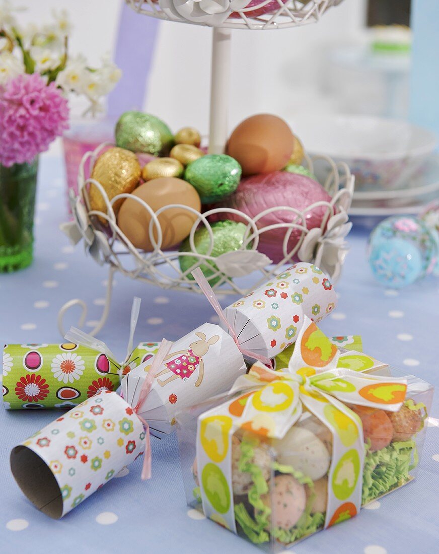 Easter eggs, chocolate eggs and crackers